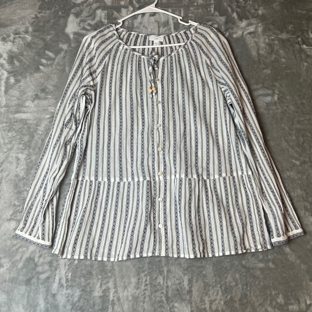 J Jill Striped Tunic Top Button Front Wood Bead Tie‎ Neck Women Medium
